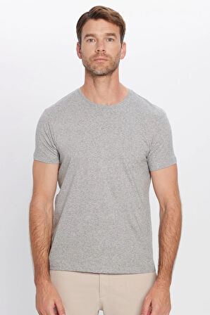 Erkek Slim Fit Dar Kesim Pamuklu Yumuşak Doku Likralı Esnek Kumaş Basic Gri Bisiklet Yaka Tişört