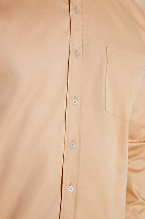 Erkek Regular Fit Klasik Kesim %100 Pamuk Saten Tek Cepli Krem Gömlek