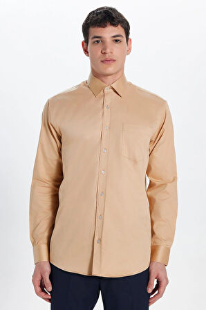 Erkek Regular Fit Klasik Kesim %100 Pamuk Saten Tek Cepli Krem Gömlek