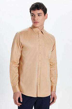 Erkek Regular Fit Klasik Kesim %100 Pamuk Saten Tek Cepli Krem Gömlek