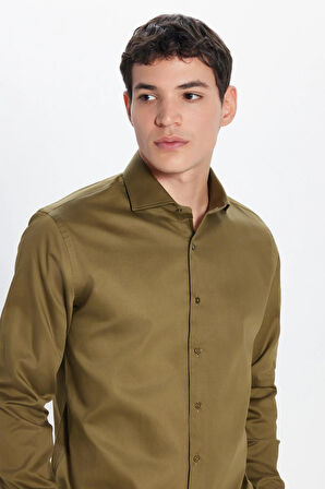 Erkek Slim Fit Dar Kesim %100 Pamuk Koton Saten Premium Seri Yeşil Gömlek