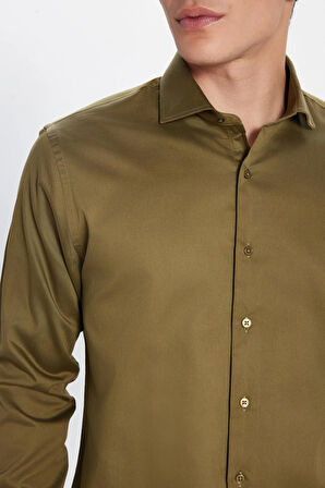 Erkek Slim Fit Dar Kesim %100 Pamuk Koton Saten Premium Seri Yeşil Gömlek