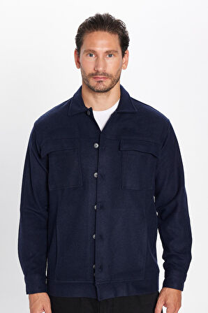 Erkek Relax Fit Rahat Kesim Cepli Düz Apaş Yaka Lacivert Mont Gömlek