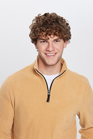 Erkek Standart Fit Rahat Kesim Tüylenme Yapmayan Soğuk Geçirmez Dik Yaka Bej Polar Sweatshirt