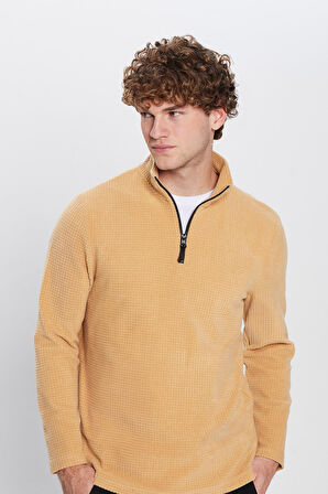 Erkek Standart Fit Rahat Kesim Tüylenme Yapmayan Soğuk Geçirmez Dik Yaka Bej Polar Sweatshirt