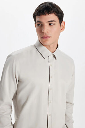 Erkek Modern Slim Fit Pamuklu Düz Bej Gömlek