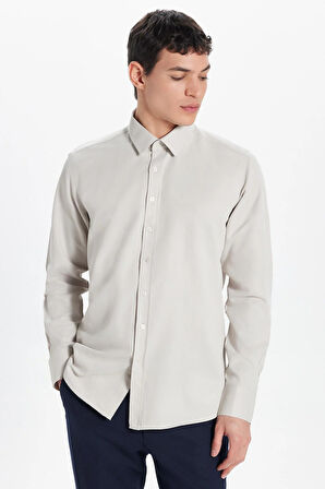 Erkek Modern Slim Fit Pamuklu Düz Bej Gömlek