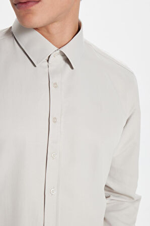 Erkek Modern Slim Fit Pamuklu Düz Bej Gömlek