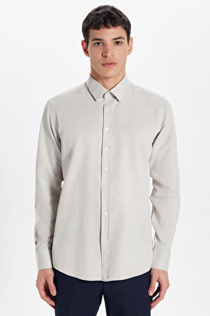 Erkek Modern Slim Fit Pamuklu Düz Bej Gömlek