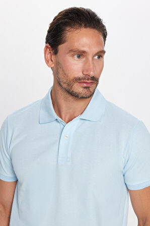 Erkek Slim Fit Dar Kesim %100 Pamuk Açık Mavi Polo Yaka Tişört