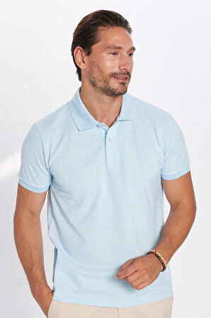 Erkek Slim Fit Dar Kesim %100 Pamuk Açık Mavi Polo Yaka Tişört