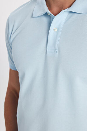 Erkek Slim Fit Dar Kesim %100 Pamuk Açık Mavi Polo Yaka Tişört