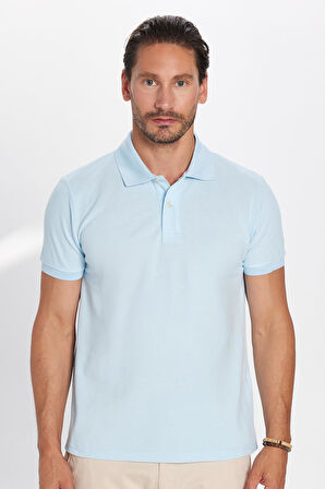 Erkek Slim Fit Dar Kesim %100 Pamuk Açık Mavi Polo Yaka Tişört