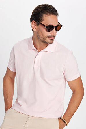 Erkek Slim Fit Dar Kesim %100 Pamuk Pembe Polo Yaka Tişört