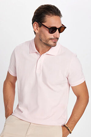 Erkek Slim Fit Dar Kesim %100 Pamuk Pembe Polo Yaka Tişört
