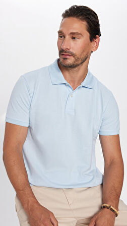 Erkek Slim Fit Dar Kesim %100 Pamuk Mavi Polo Yaka Tişört