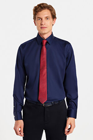 Slim Fit Lacivert Non-Iron %100 Pamuk Doğa Dostu Ekoteks Belgeli Ütü Gerektirmez Gömlek
