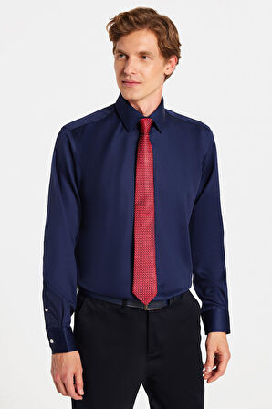 Slim Fit Lacivert Non-Iron %100 Pamuk Doğa Dostu Ekoteks Belgeli Ütü Gerektirmez Gömlek