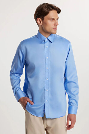 Regular Fit Mavi Non-Iron %100 Pamuk Doğa Dostu Ekoteks Belgeli Ütü Gerektirmez Gömlek
