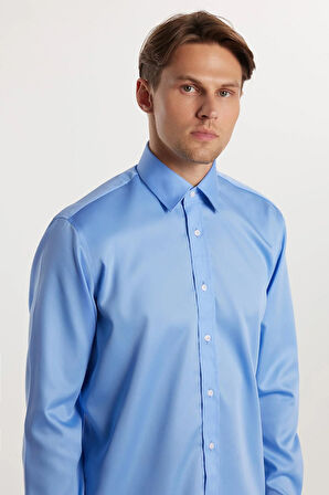 Regular Fit Mavi Non-Iron %100 Pamuk Doğa Dostu Ekoteks Belgeli Ütü Gerektirmez Gömlek