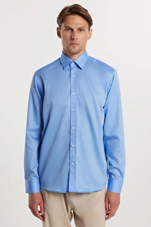 Regular Fit Mavi Non-Iron %100 Pamuk Doğa Dostu Ekoteks Belgeli Ütü Gerektirmez Gömlek