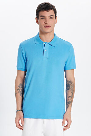 Erkek Slim Fit Dar Kesim %100 Pamuk Mavi Polo Yaka Tişört