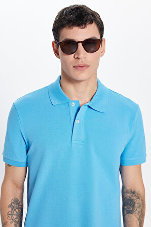Erkek Slim Fit Dar Kesim %100 Pamuk Mavi Polo Yaka Tişört