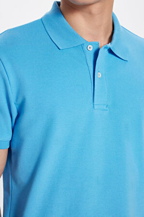 Erkek Slim Fit Dar Kesim %100 Pamuk Mavi Polo Yaka Tişört