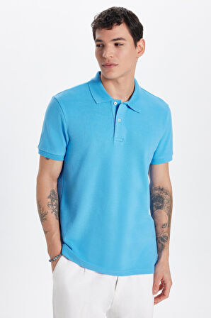 Erkek Slim Fit Dar Kesim %100 Pamuk Mavi Polo Yaka Tişört