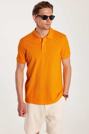 Erkek Slim Fit Dar Kesim %100 Pamuk Turuncu Polo Yaka Tişört