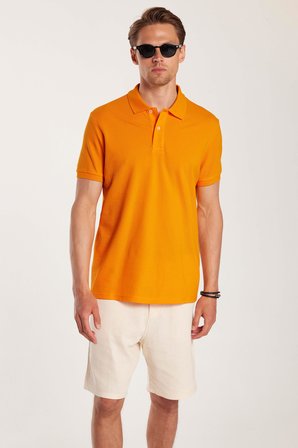 Erkek Slim Fit Dar Kesim %100 Pamuk Turuncu Polo Yaka Tişört