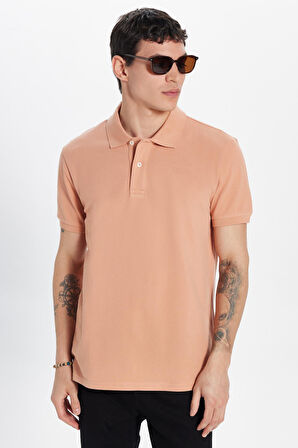 Erkek Slim Fit Dar Kesim %100 Pamuk Somon Polo Yaka Tişört