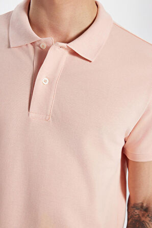 Erkek Slim Fit Dar Kesim %100 Pamuk Somon Polo Yaka Tişört