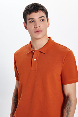 Erkek Slim Fit Dar Kesim %100 Pamuk Kiremit Polo Yaka Tişört