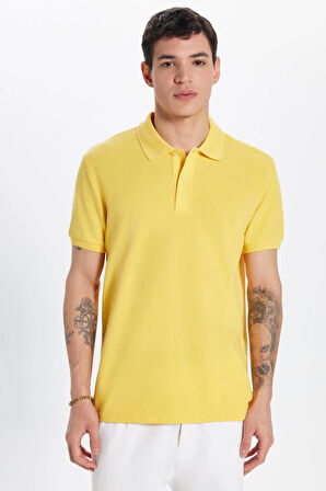 Erkek Slim Fit Dar Kesim %100 Pamuk Sarı Polo Yaka Tişört