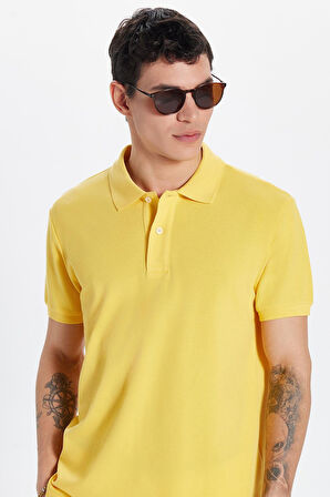 Erkek Slim Fit Dar Kesim %100 Pamuk Sarı Polo Yaka Tişört