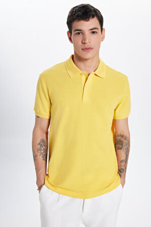 Erkek Slim Fit Dar Kesim %100 Pamuk Sarı Polo Yaka Tişört
