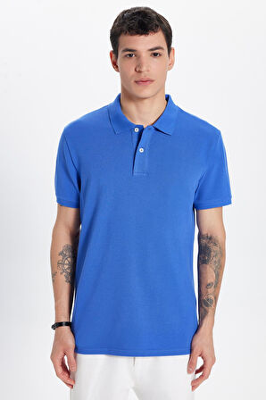 Erkek Slim Fit Dar Kesim %100 Pamuk Koyu Mavi Polo Yaka Tişört