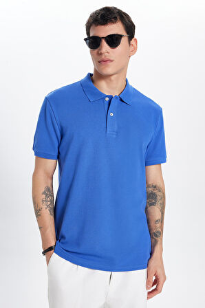 Erkek Slim Fit Dar Kesim %100 Pamuk Koyu Mavi Polo Yaka Tişört