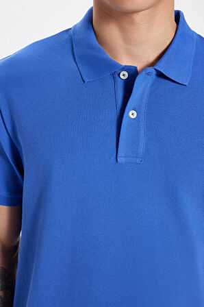 Erkek Slim Fit Dar Kesim %100 Pamuk Koyu Mavi Polo Yaka Tişört