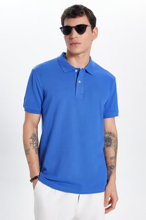 Erkek Slim Fit Dar Kesim %100 Pamuk Koyu Mavi Polo Yaka Tişört