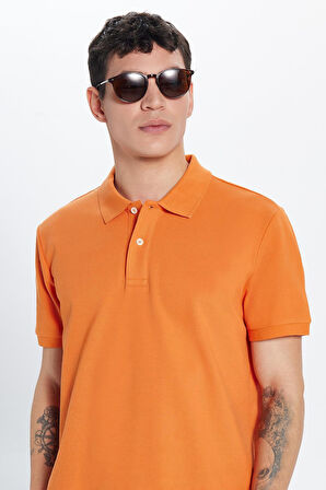 Erkek Slim Fit Dar Kesim %100 Pamuk Turuncu Polo Yaka Tişört