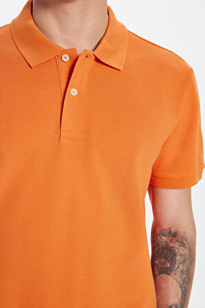 Erkek Slim Fit Dar Kesim %100 Pamuk Turuncu Polo Yaka Tişört