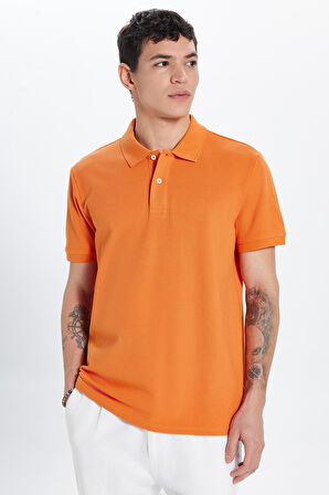 Erkek Slim Fit Dar Kesim %100 Pamuk Turuncu Polo Yaka Tişört