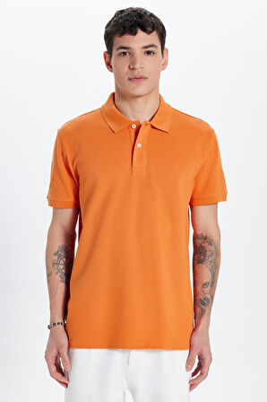 Erkek Slim Fit Dar Kesim %100 Pamuk Turuncu Polo Yaka Tişört