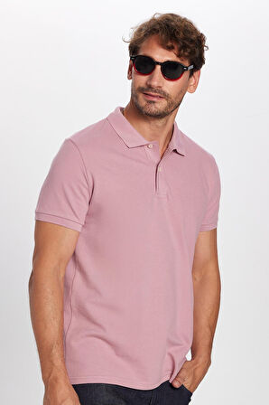 Erkek Slim Fit Dar Kesim %100 Pamuk Gül Kurusu Polo Yaka Tişört