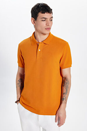 Erkek Slim Fit Dar Kesim %100 Pamuk Turuncu Polo Yaka Tişört
