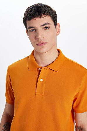 Erkek Slim Fit Dar Kesim %100 Pamuk Turuncu Polo Yaka Tişört