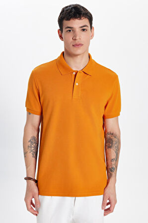 Erkek Slim Fit Dar Kesim %100 Pamuk Turuncu Polo Yaka Tişört