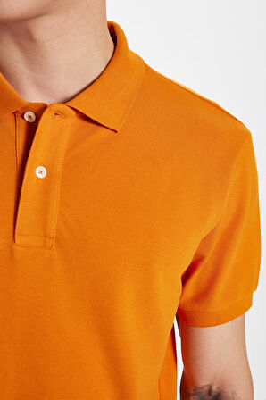 Erkek Slim Fit Dar Kesim %100 Pamuk Turuncu Polo Yaka Tişört